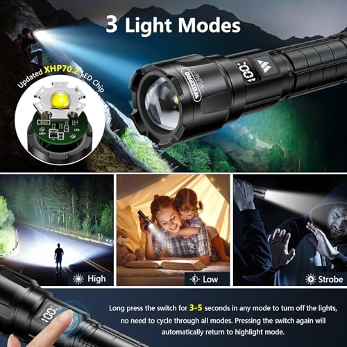 LED Rechargeable Flashlight 2Pack, 3Modes Super Bright High 2 PACK Black