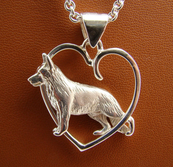 Large Sterling Silver German Shepherd Standing Study Through A Free Form Heart