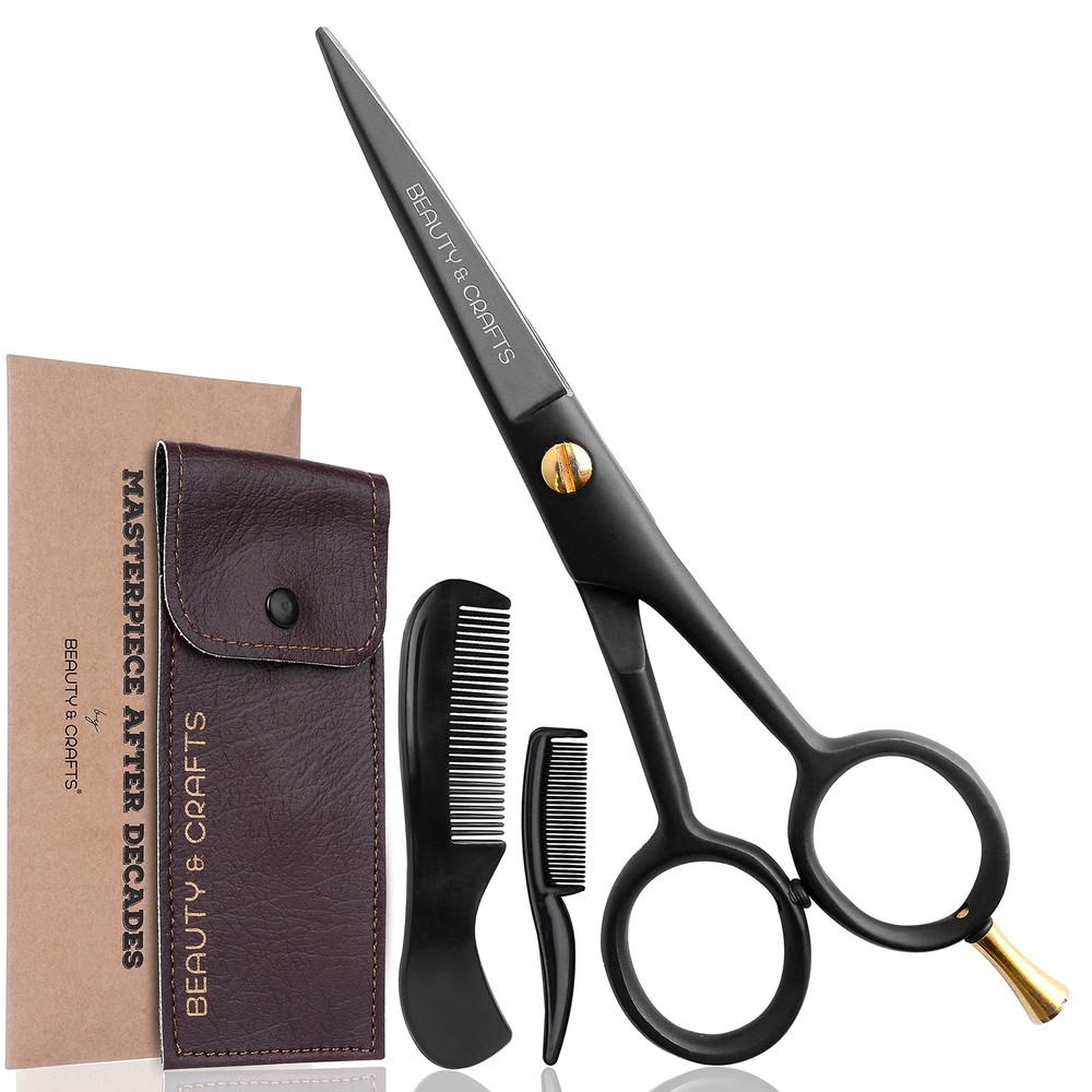 German Beard Mustache Scissors  2 Combs Set - Grooming Kit Black