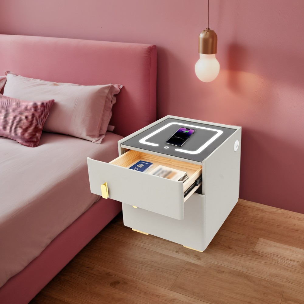Phone Charging Bedside Cabinet, Grey, Bedside Table with Safe+Combination Lock