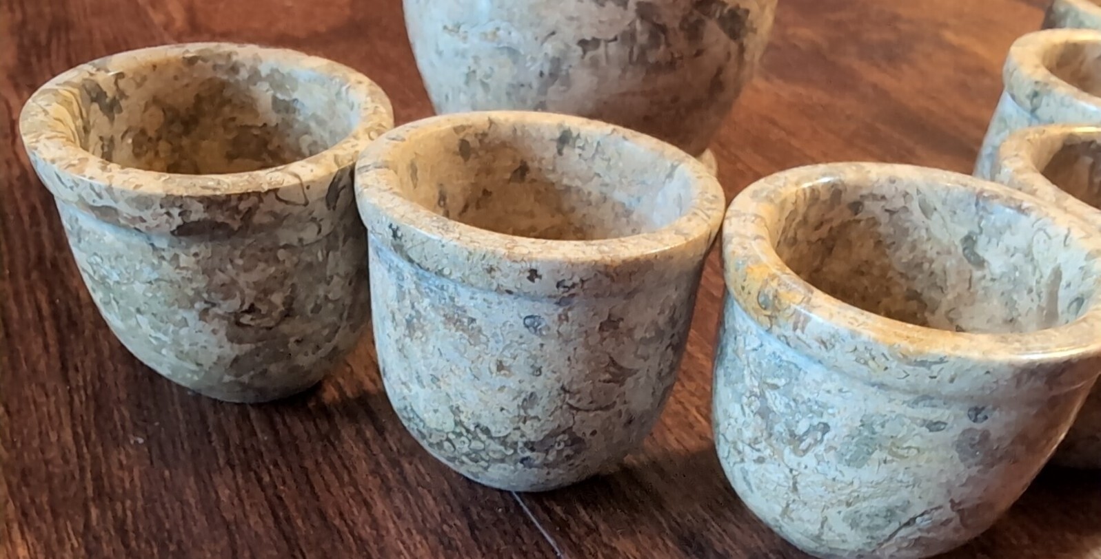 Vtg Marble Stone Tea Set: Pot + Six Cups Gray Brown Marble Patchwork