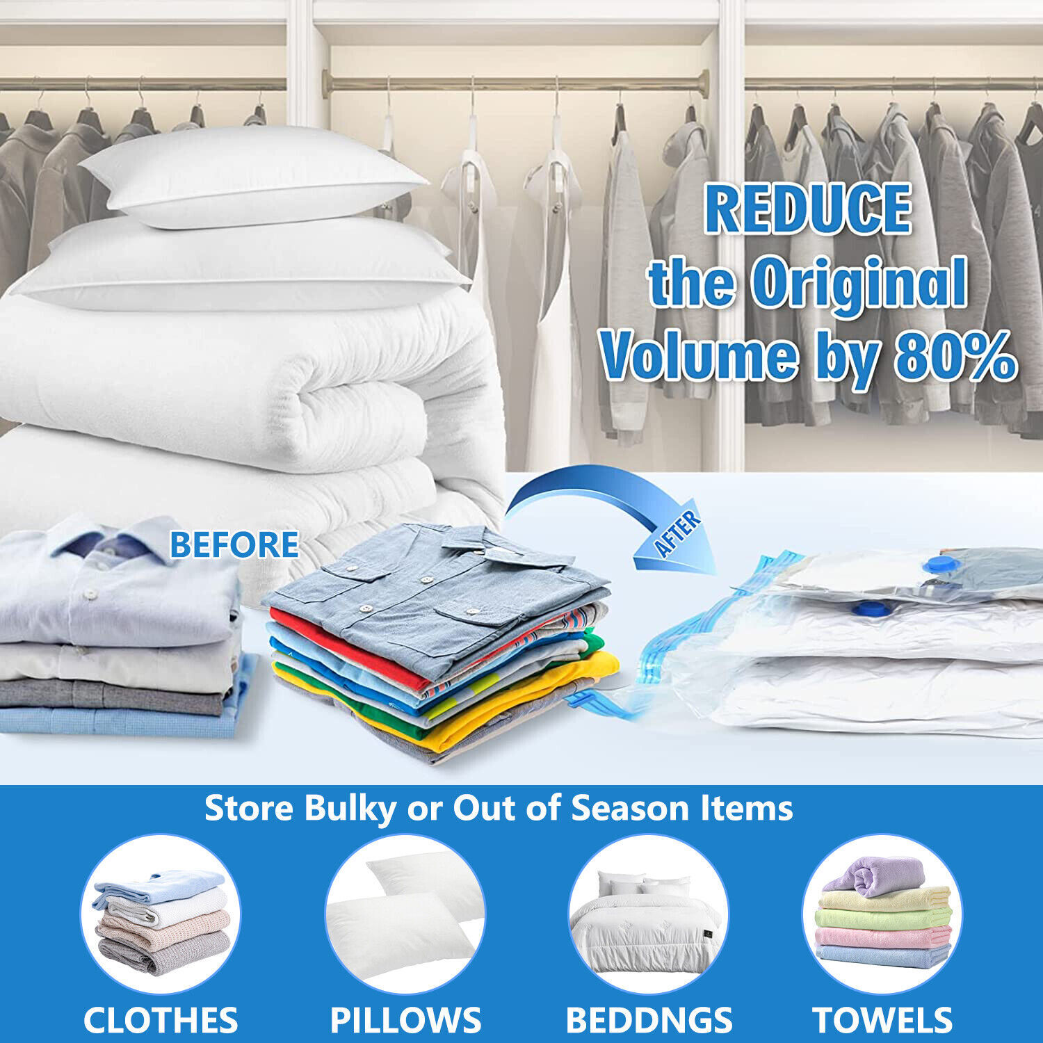 12Pcs Jumbo Vacuum Storage Bags Space Saver Clear Compression Organizer