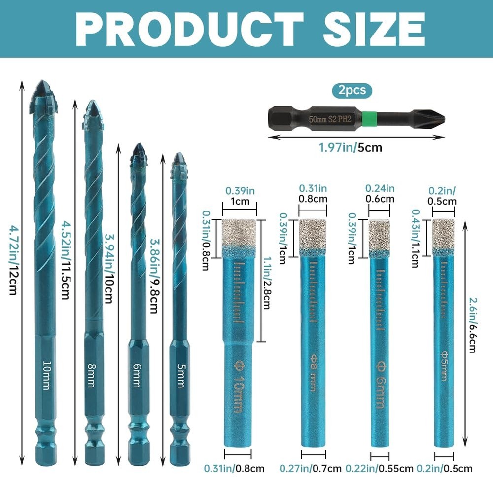 10 Pack Dry Diamond Drill Bits,Tile Drill Bit Set for Ceramic,Porcelain,Marbl...