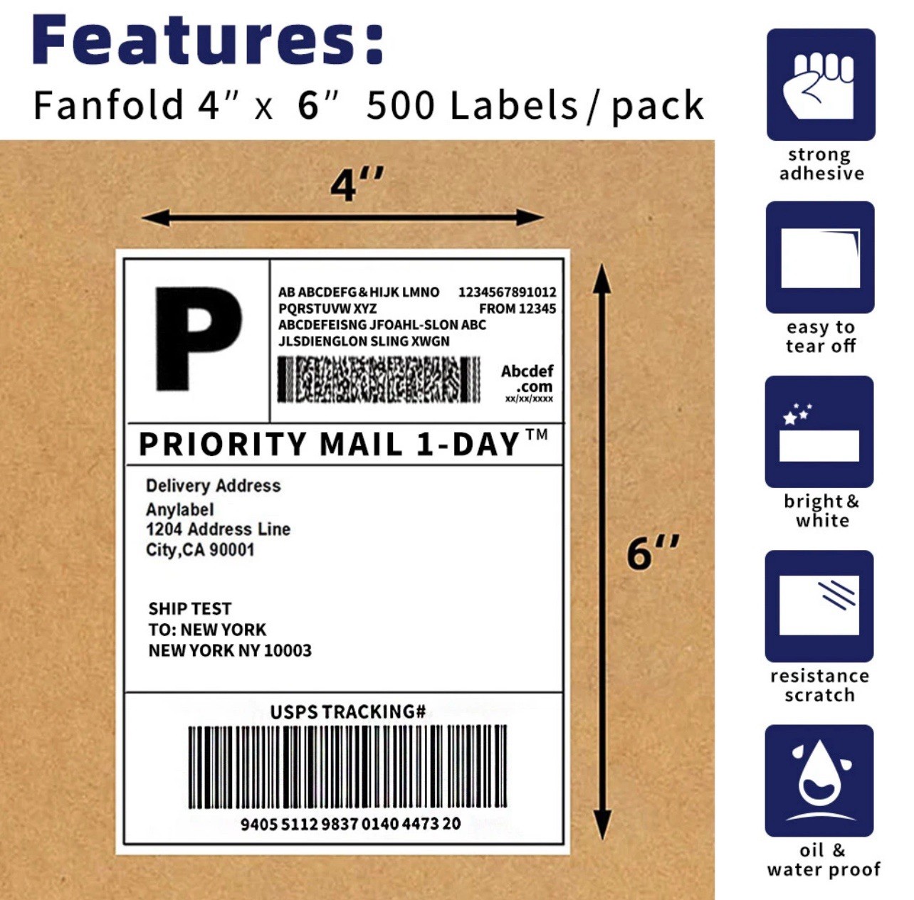 4"x6" Fanfold Direct Thermal Shipping Labels for Zebra and Rollo 500 PCS