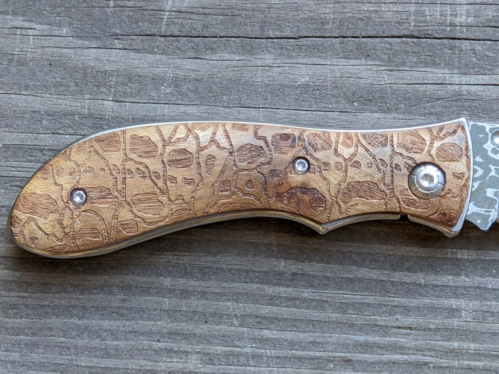 Silver Cut Folding Knife Artificial Damascus Blade Engraved Handle Box
