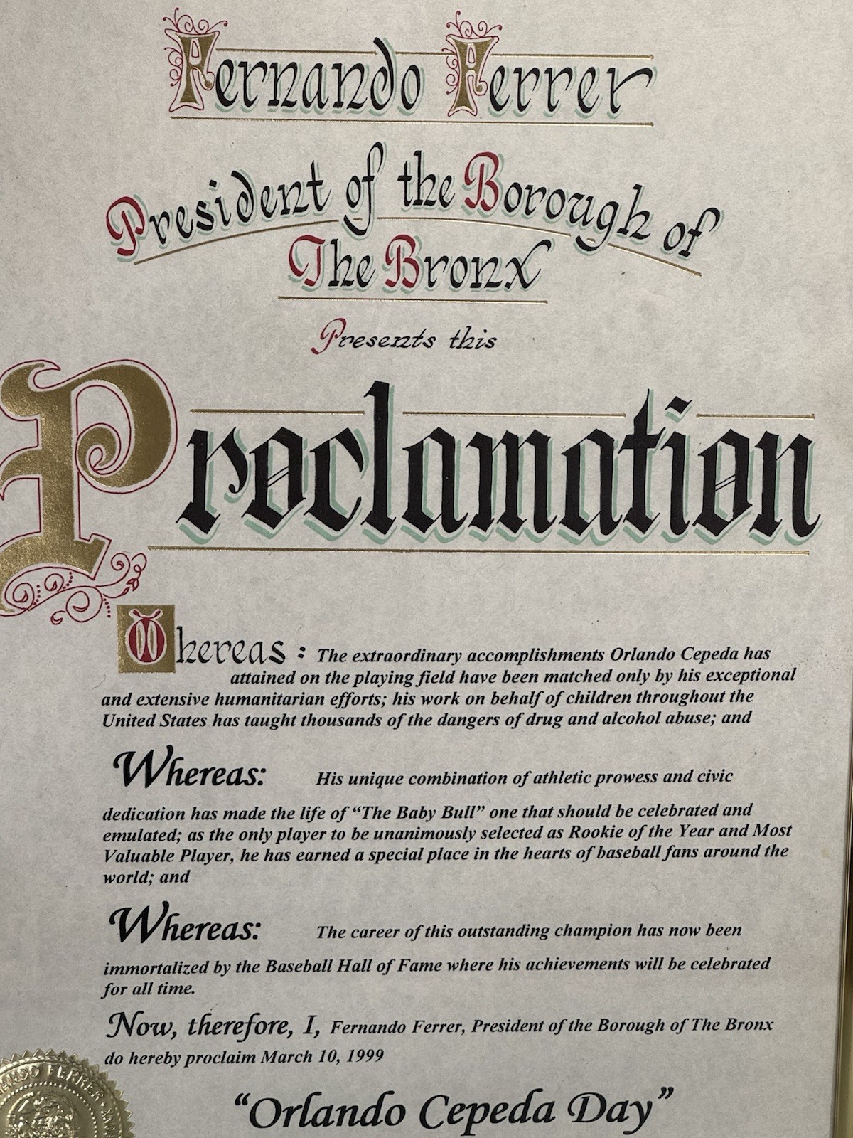 Orlando Cepeda Personally Owned Bronx Proclamation Hall of Fame Induction 1999