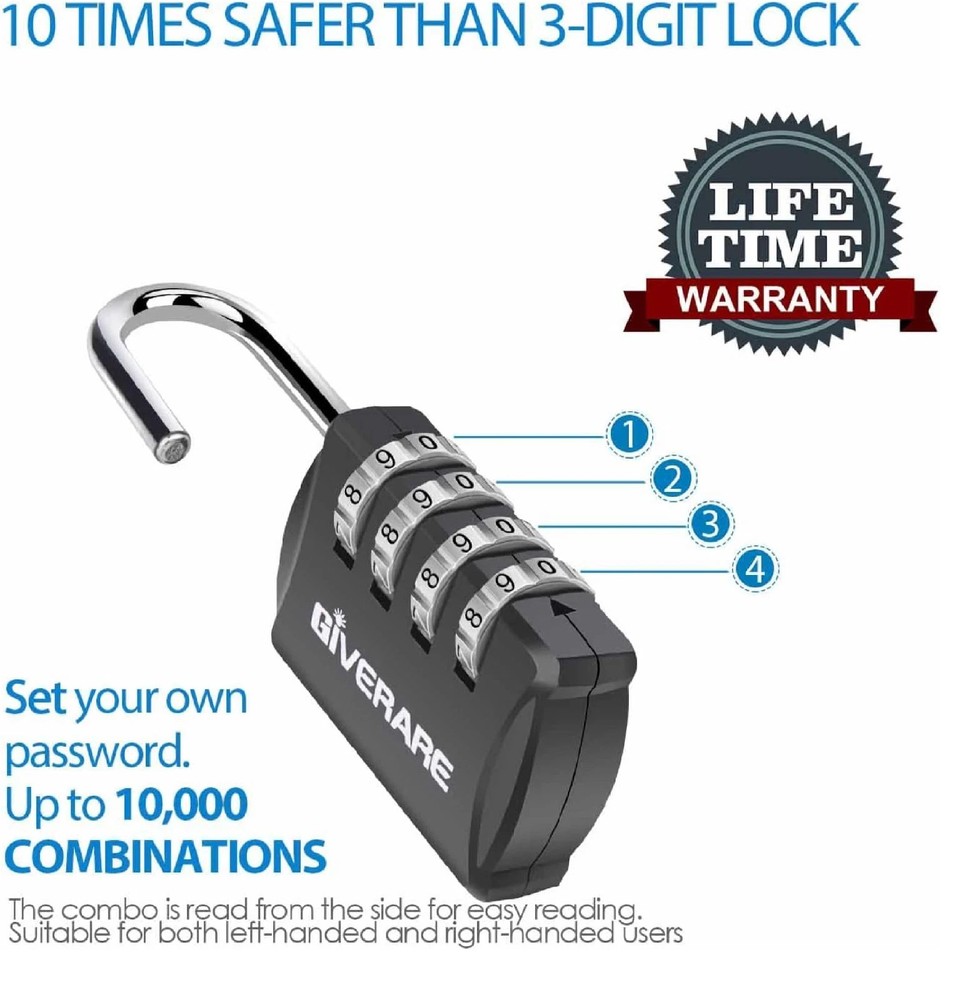 4 Pack Combination Lock, 4-Digit Padlock Keyless, Resettable Luggage Locks