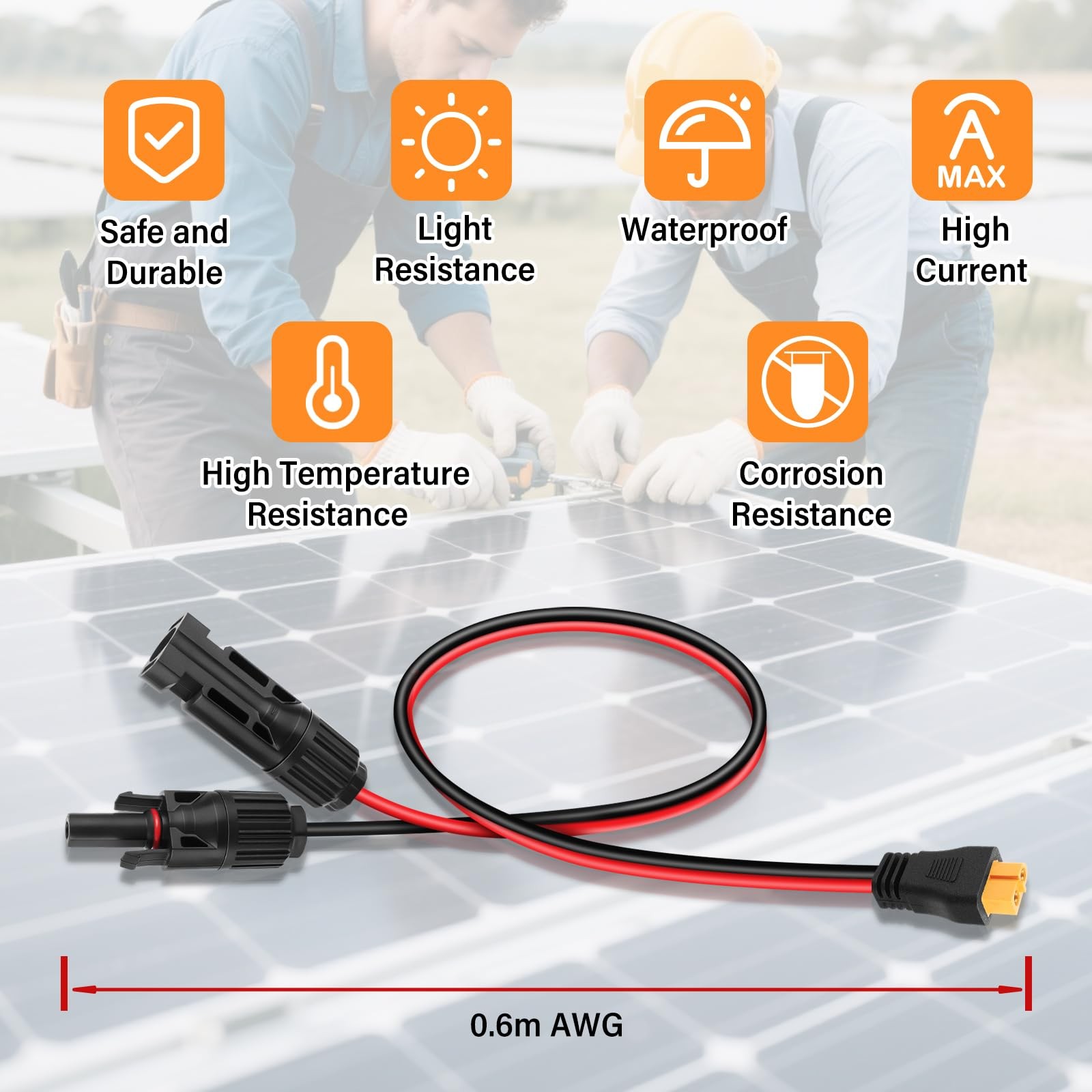 Solar to XT60 Extension Cable,12AWG/4mm² Panel Plug 2 FT, Black&Red