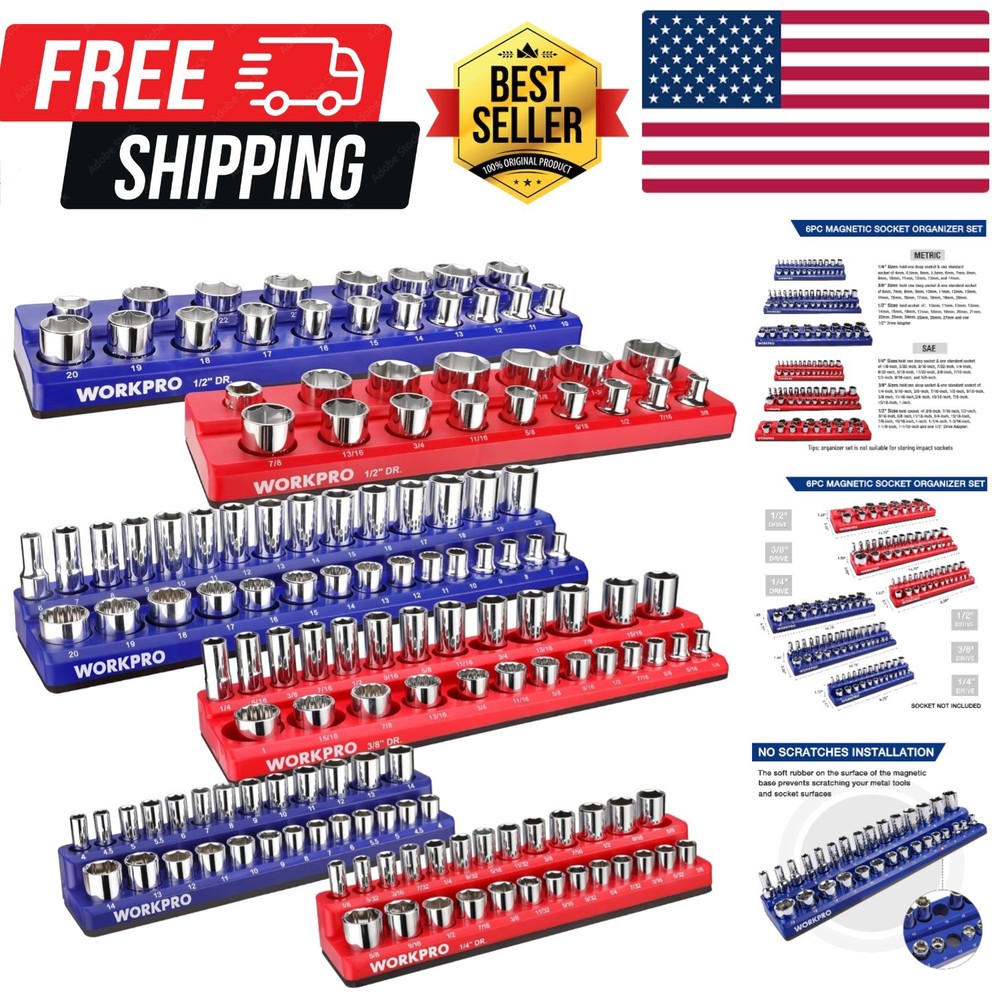 Magnetic Socket Organizer Set, 6-Piece Socket Holder Set Includes 1/4", 3/8",...