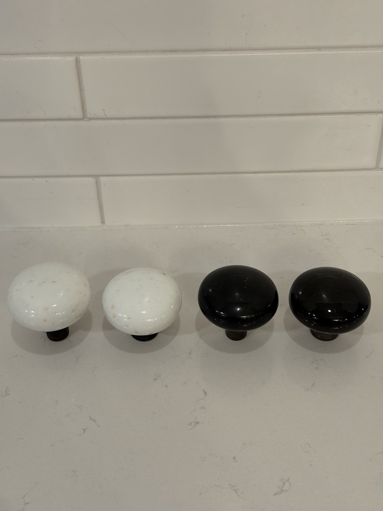 Porcelain Door Knobs – Two Speckled White And Too Black – Four Total