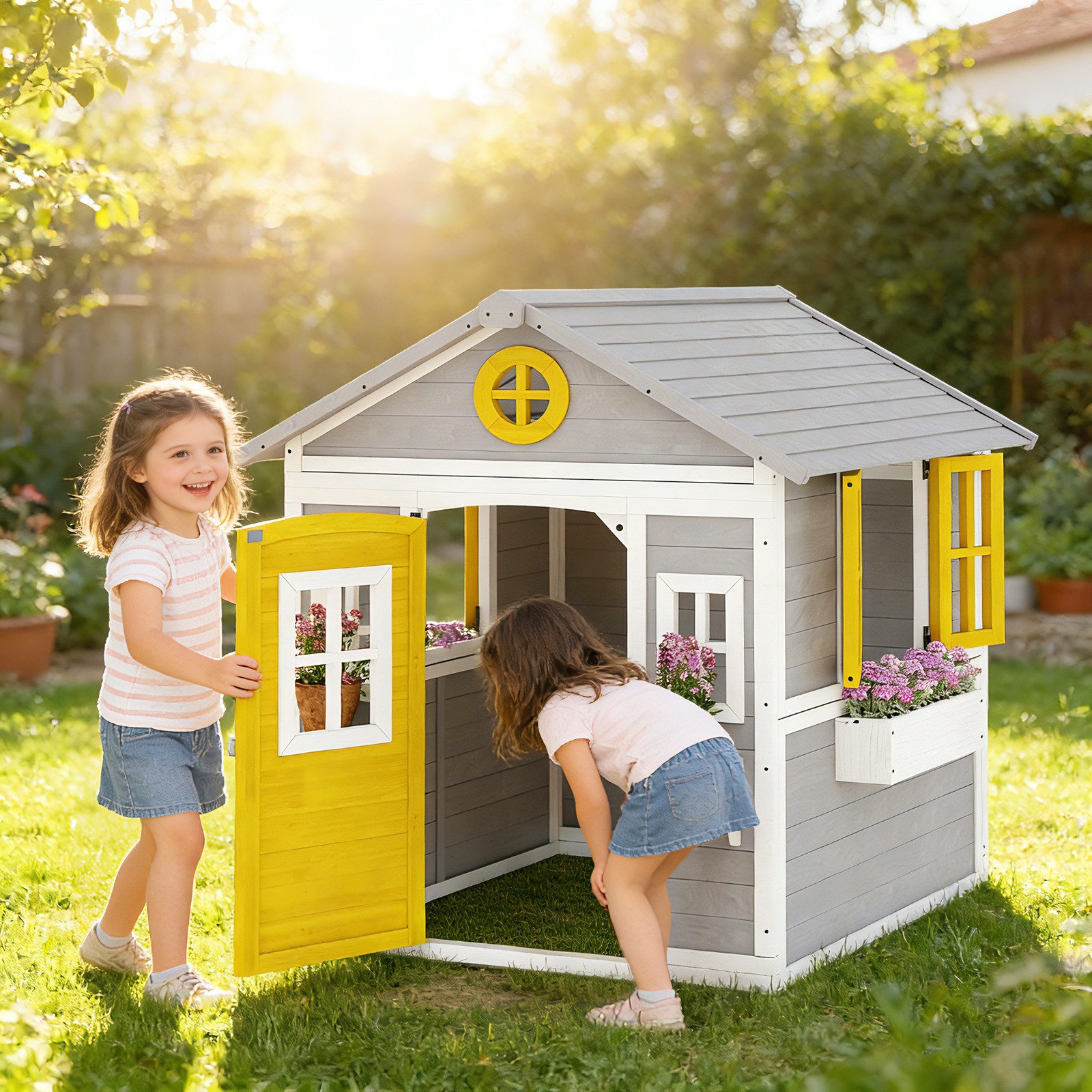 Outsunny Playhouse for Kids with Doors, Windows, Planter Pots and Boxes