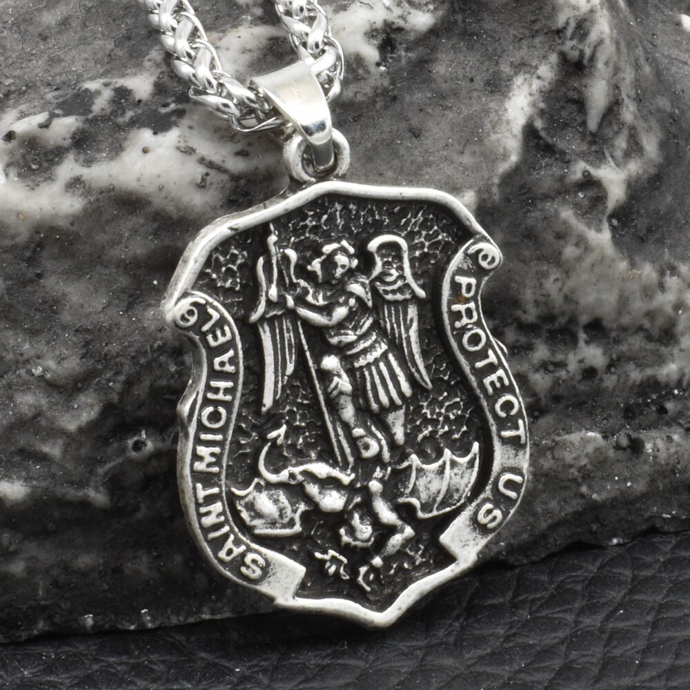 Archangel Saint St Michael Protect Us Medal Shield Pendant Necklace w 20" Chain