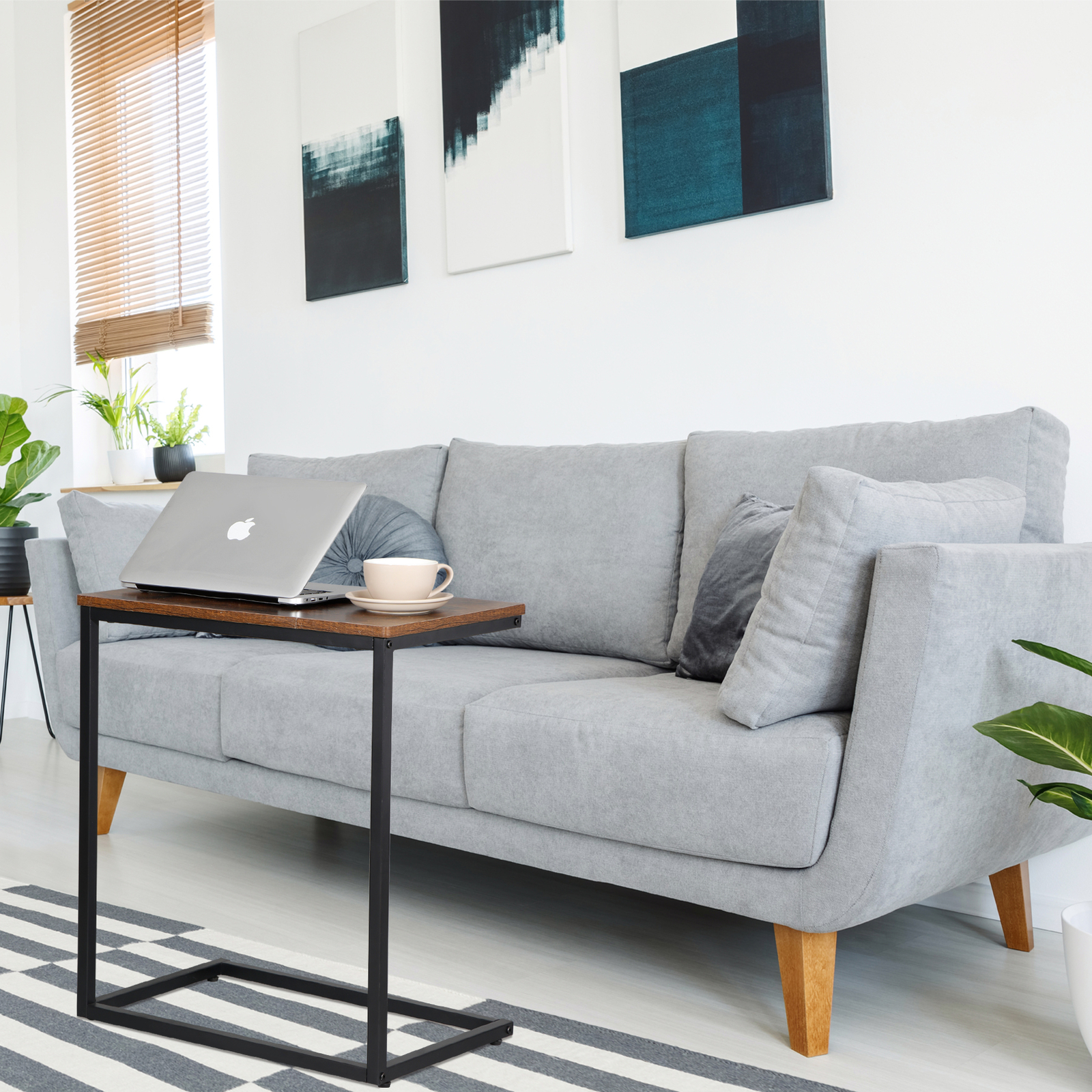 C Shaped End Table Small Side Couch Sofa Table with Metal Frame for Living Room