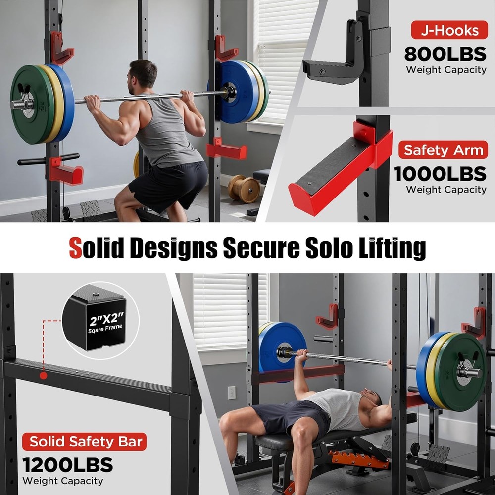 Multi-Function Squat Rack with Pulley System and Attachments for Home Gym