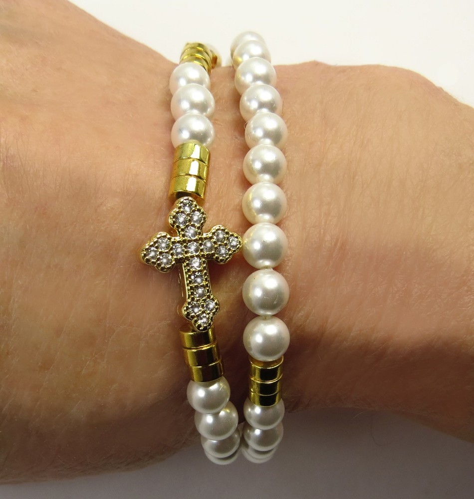 Handmade Catholic Rosary Bracelet, White Shell Pearls, Golden Hematite Beads