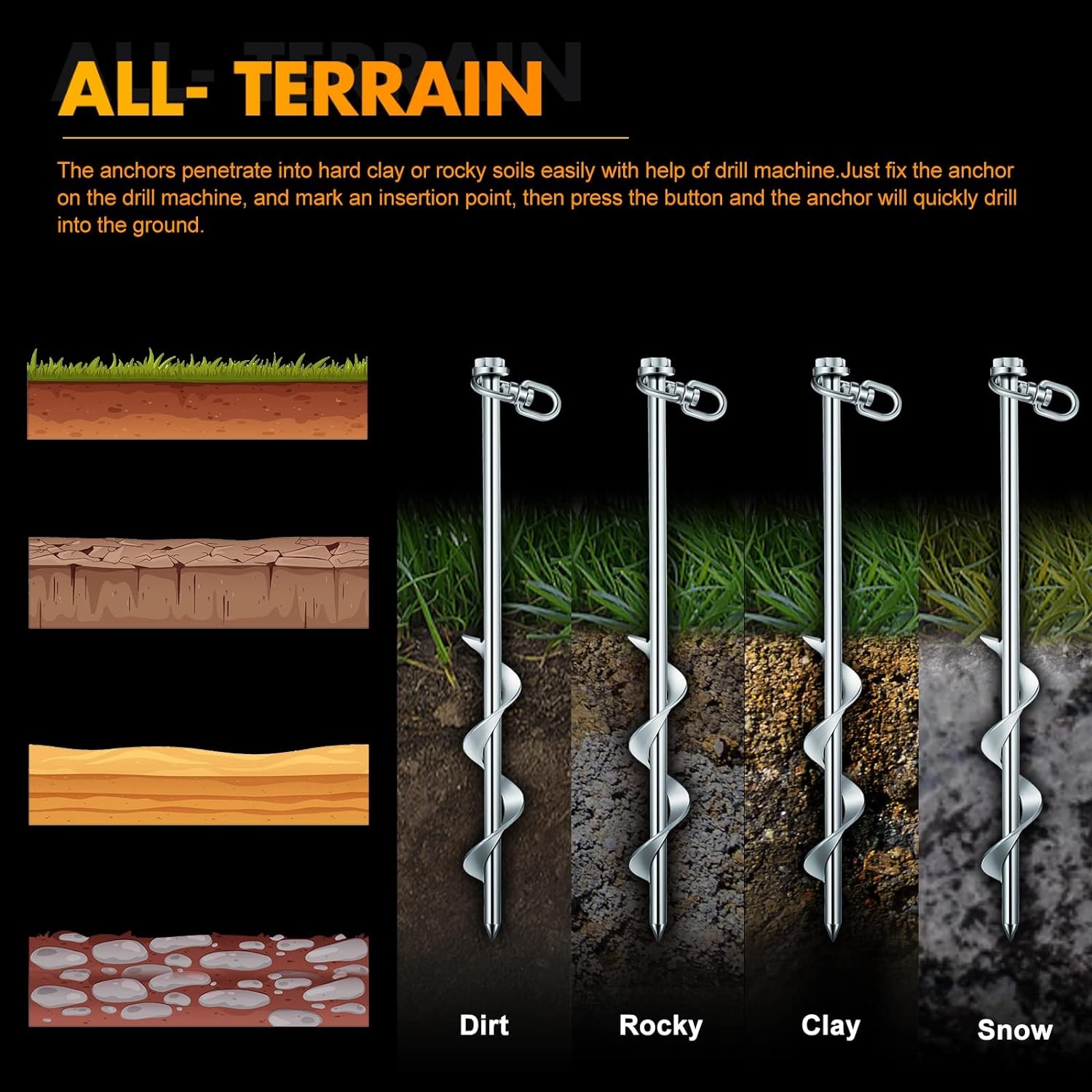 12-Inch Ground Anchors Screw-In Tent Stakes, 8-Piece Set
