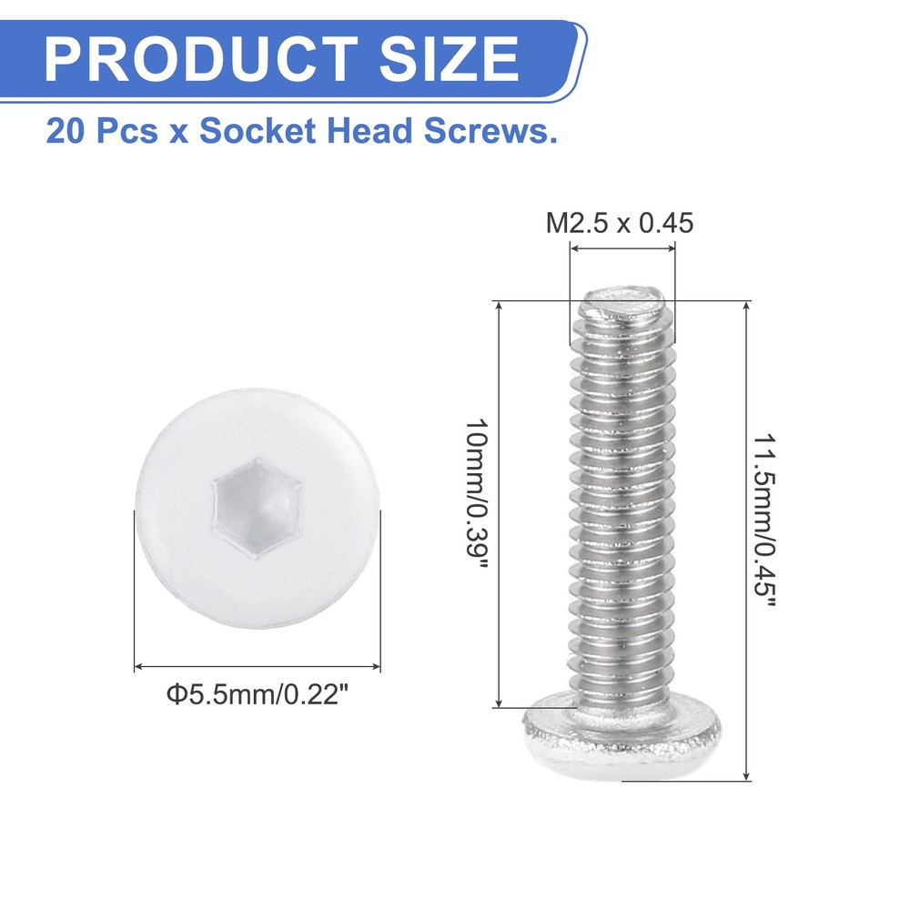 20 Pcs M2.5-0.45 x 10mm Button Head Hex Socket Head Screws, White