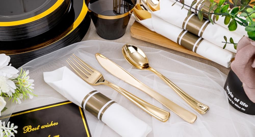 Bla and Gold Plastic Plates - Gold Disposable Dinnerware Sets for