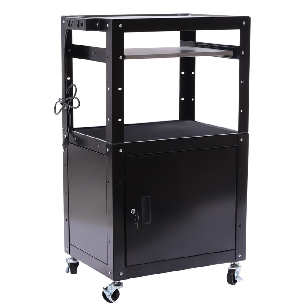 Multifunctional Office Av Cart Black Storage Cabinet+Locking Adjustable Height