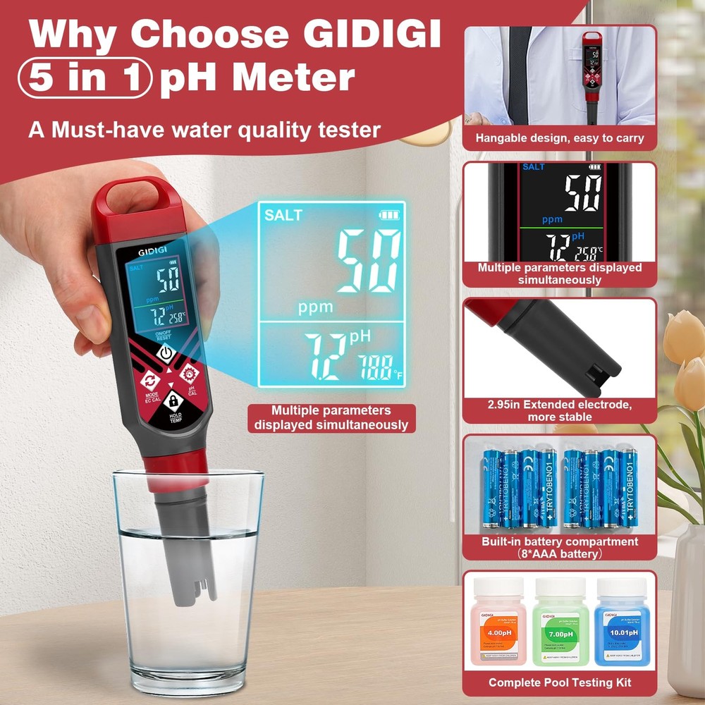GIDIGI Pool pH Salt Tester with Replaceable Probe