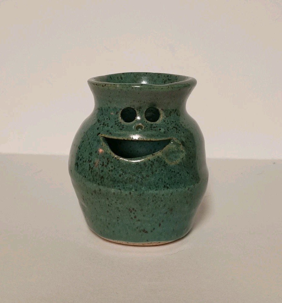 Smiley Face Stoneware Pottery Egg Separator With Handle Signed DB