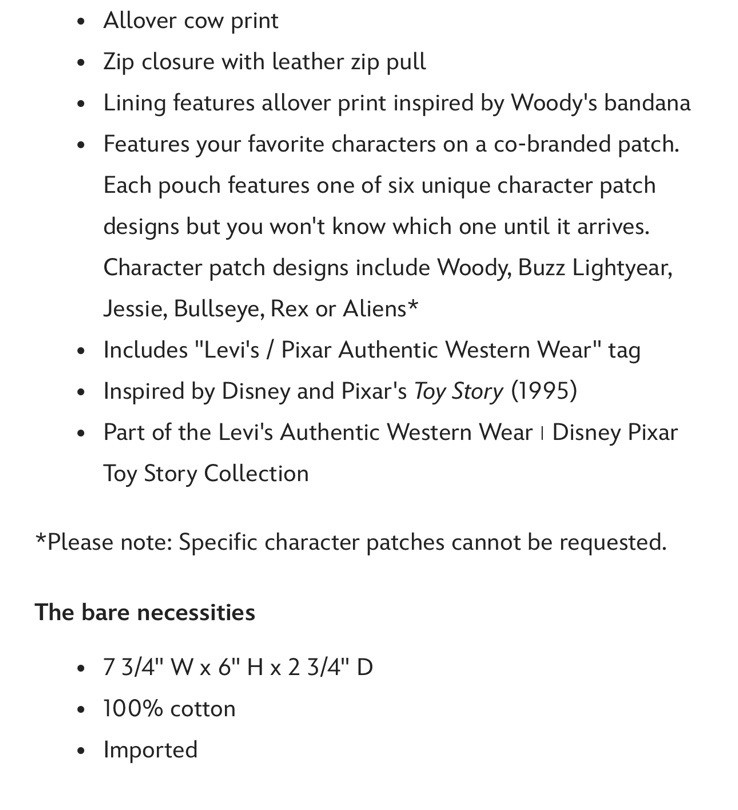 LEVI'S X TOY STORY COW POUCH With Aliens Patch Exclusive Limited Edition Disney