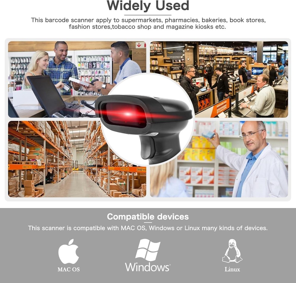 Wireless Barcode Scanner with 2-in-1 USB Wired and 2.4GHz Wireless Connectivity