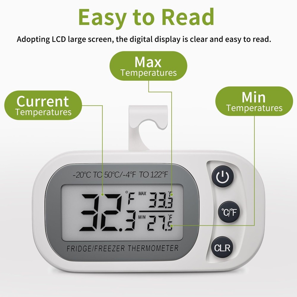 2 Pack Digital Fridge Thermometer with Hook and LCD Display for Kitchen Home
