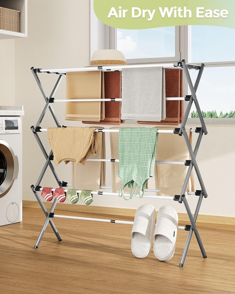Stylish White/Grey Laundry Drying Rack: Foldable & Expandable for Versatile Use