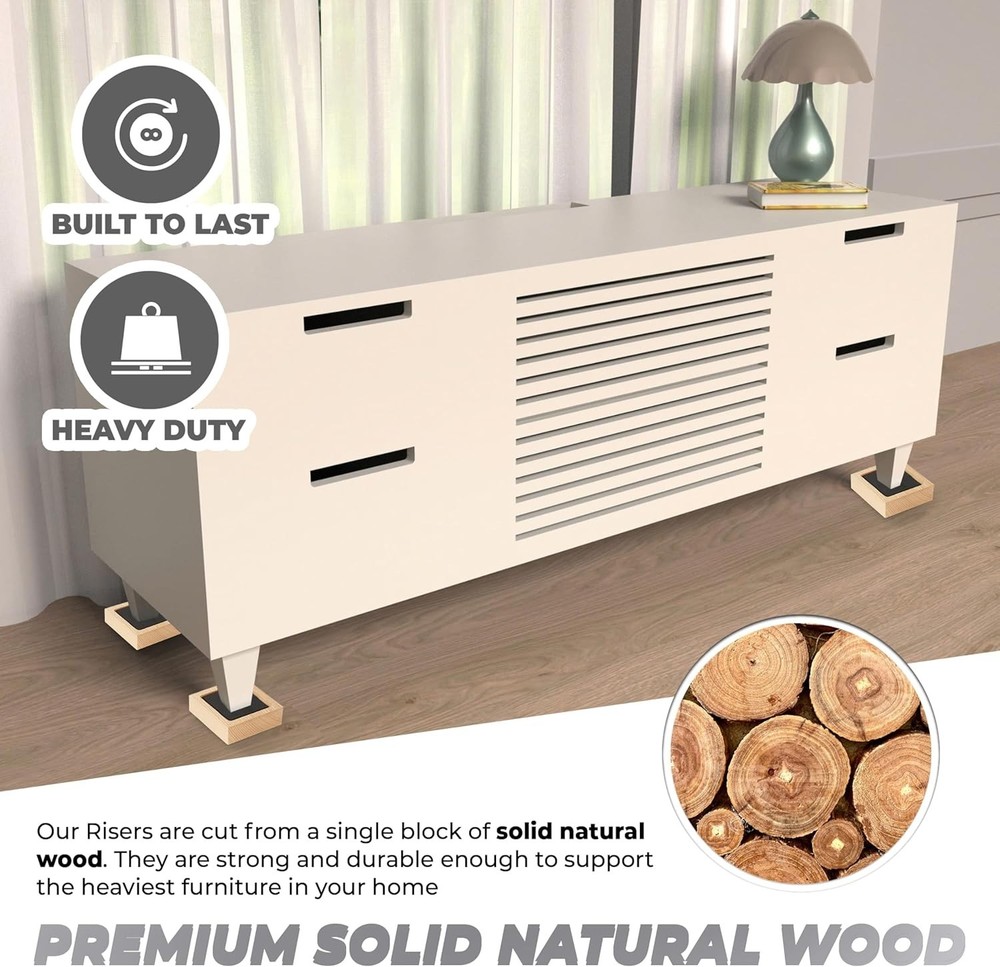 Quality Oak Bed Risers Set of 8 - Adjustable Heights for Maximum Stability