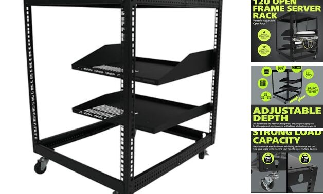12U Open Frame Server Rack, 23''-40'' Adjustable Depth, Free Standing or Wall