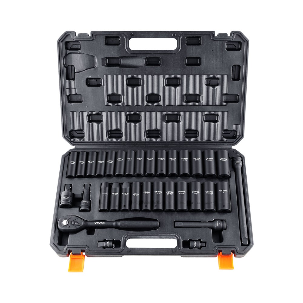 Impact Sockets Set 33pcs 6 Point 1/2in Drive Bit Ratchet Tool Kit Case