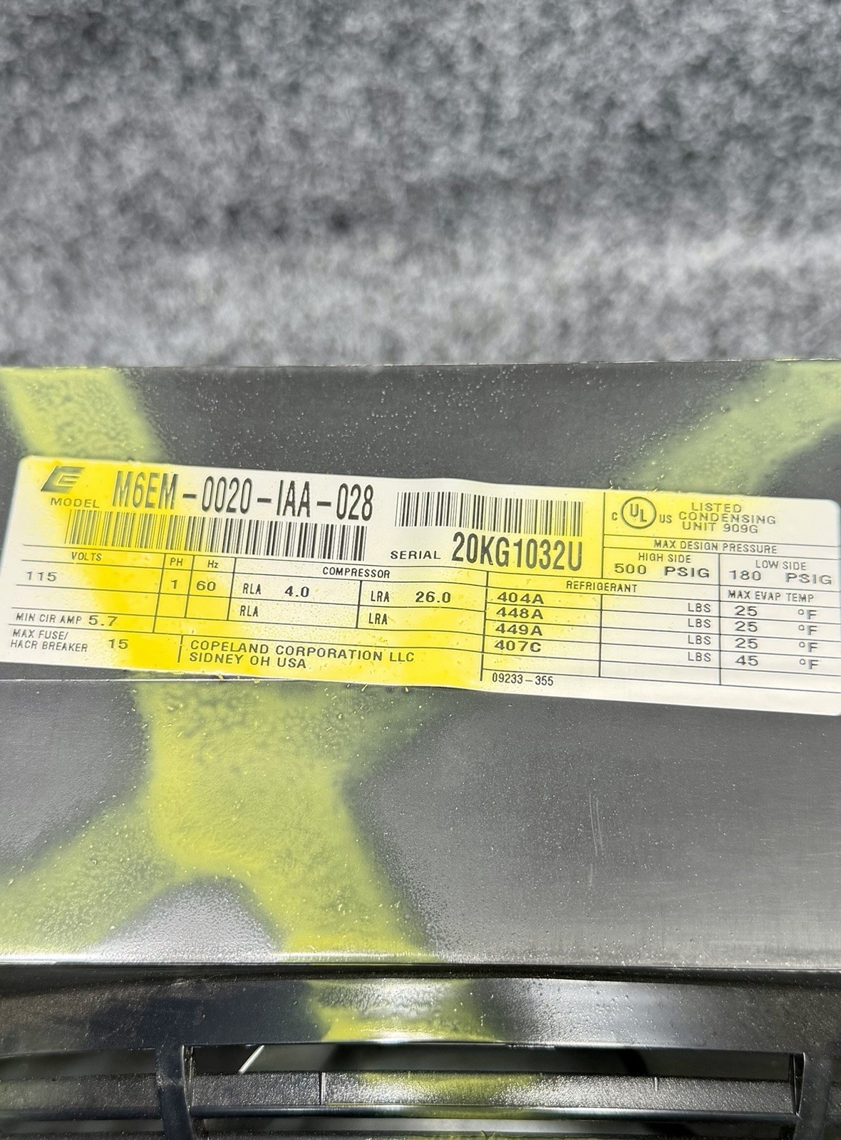 Copeland M6EM-0020-IAA-028 Condensing Unit R404A, 1/6 HP, 115V, ASE12C4E-IAA-103