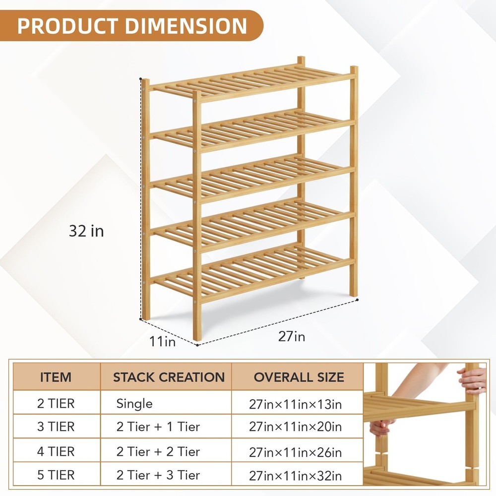 5 Tier Bamboo Shoe Rack Storage Organizer for Closet, Multifunctional Stackab...