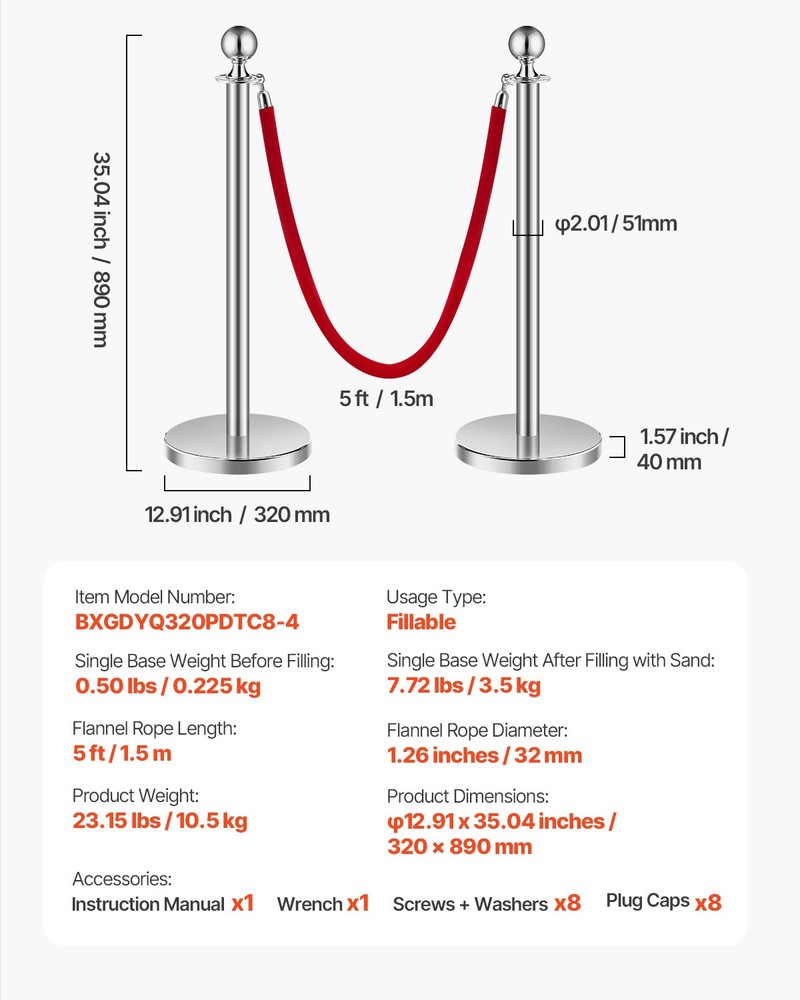 VEVOR 8Pcs Stanchion Posts Crowd Control Queue Barrier Sand Injection Base