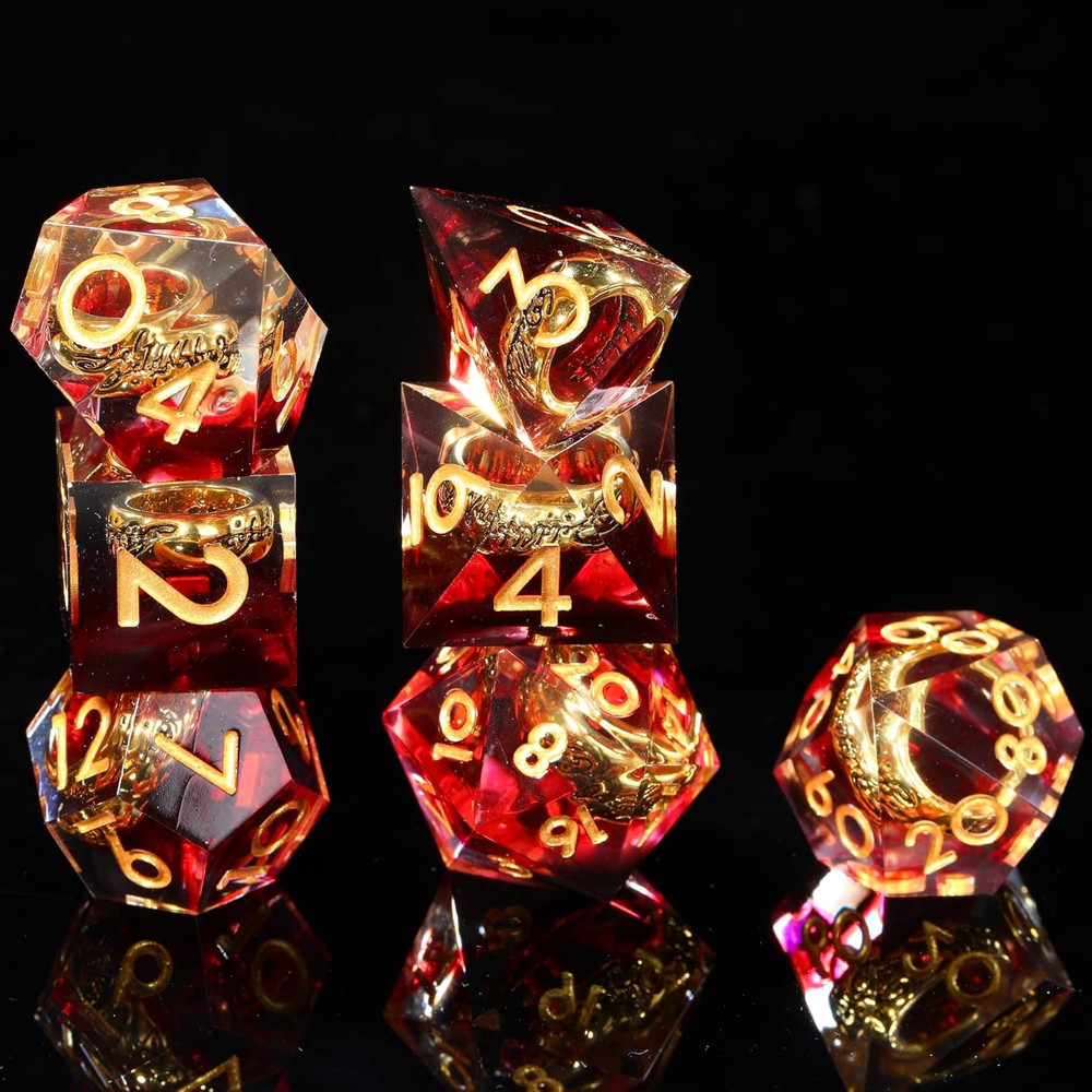 Sharp Edge Resin RPG Dice Set – Red Polyhedral Dice with Ring Inclusion