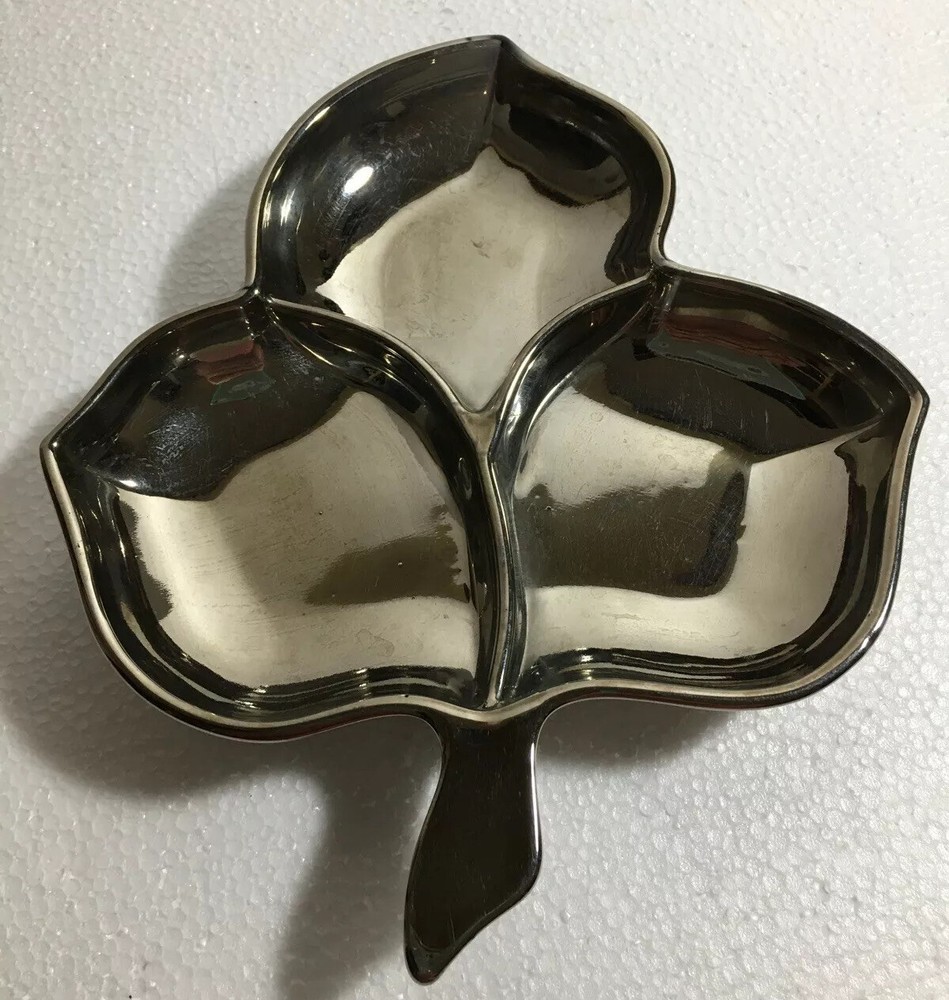 MAPLE LEAF Translucent Silver GLASS DIVIDED SERVING Nuts Candy Relish Pin DISH