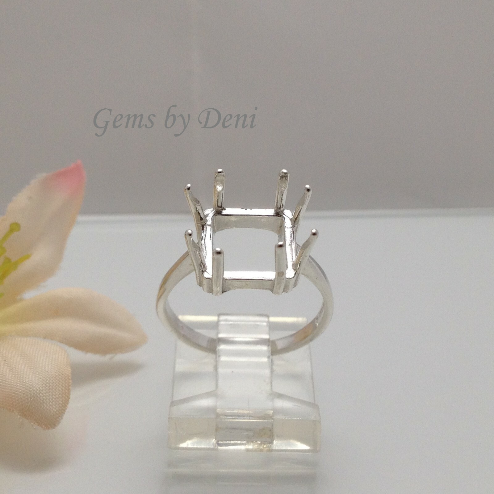 (5x5-12x12mm) Square 8-Prong Sterling Silver Pre-Notched Ring Setting Size 7