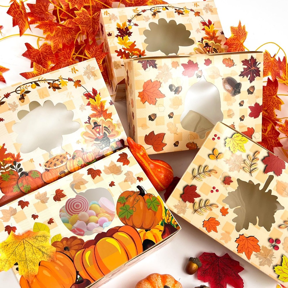 24 PCS Fall Cookie Boxes with Window Autumn Maple Leaf Paper Treat Boxes
