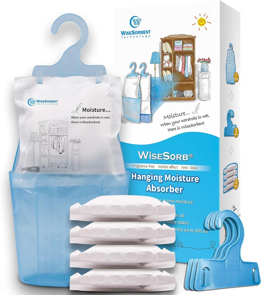 Moisture Absorber Packets with Plastic Case & Hook, Odor 4 Piece Set, Blue