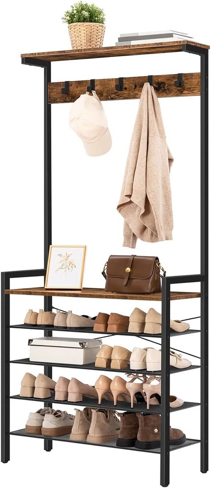 HOOBRO Hall Tree with Bench, Coat Rack Shoe Storage, Rustic Brown, Black