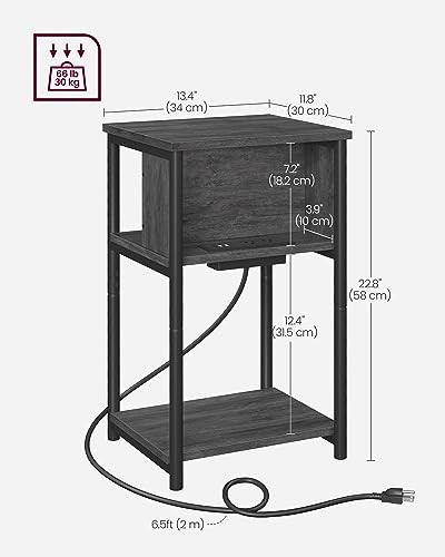 Side Table with Charging Station, 3-Tier End Table with USB Misty Gray + Black
