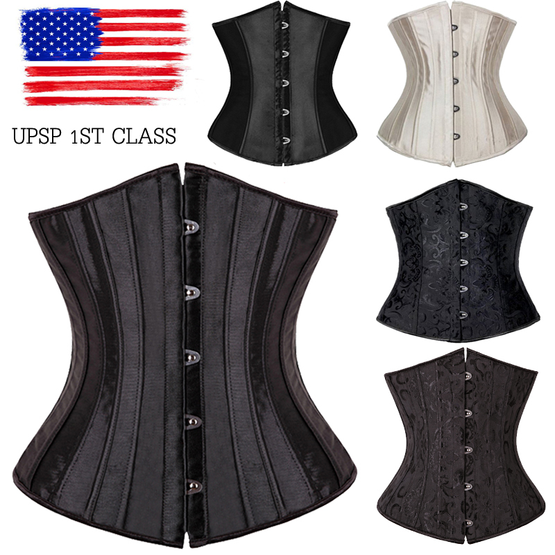 Waist trainer Underbust Corset Tummy Control Satin Brocade Steel Boned Lace up !