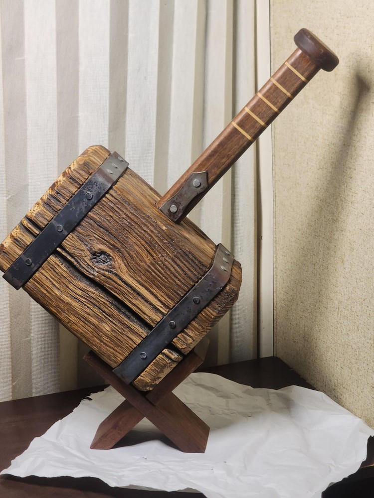 Thor's Hammer, Medieval Viking Solid Oak Head Walnut Handle With Display Stand