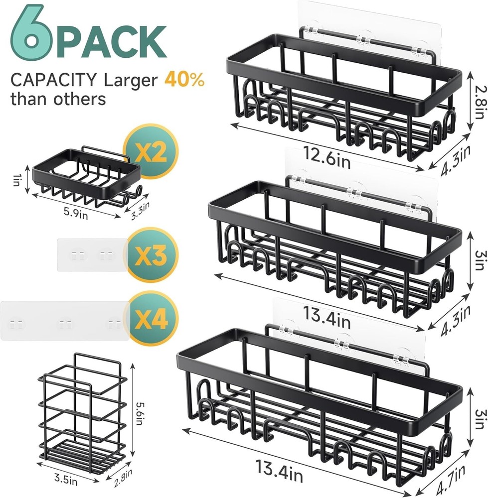 6-Piece Stainless Steel Shower Caddy Set - Rustproof, Adhesive Storage Solution
