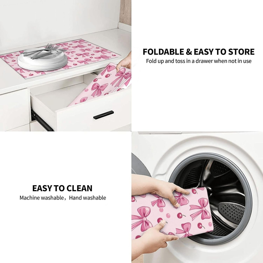Dish Drying Mat for Kitchen Pink Bow Pattern Cherry Counter Absorbent Dishes