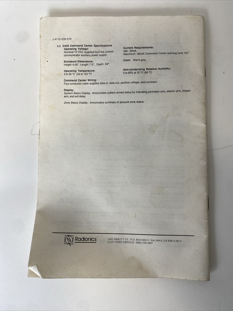 radionics d4112 Control/communicator Instruction Book manual 1988