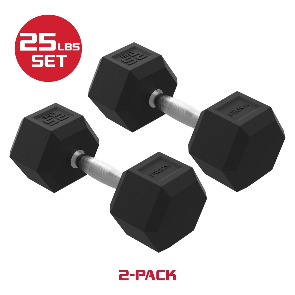 25lbs Rubber Hex Dumbbell Set  Solid Steel Handles  Rubber Coating