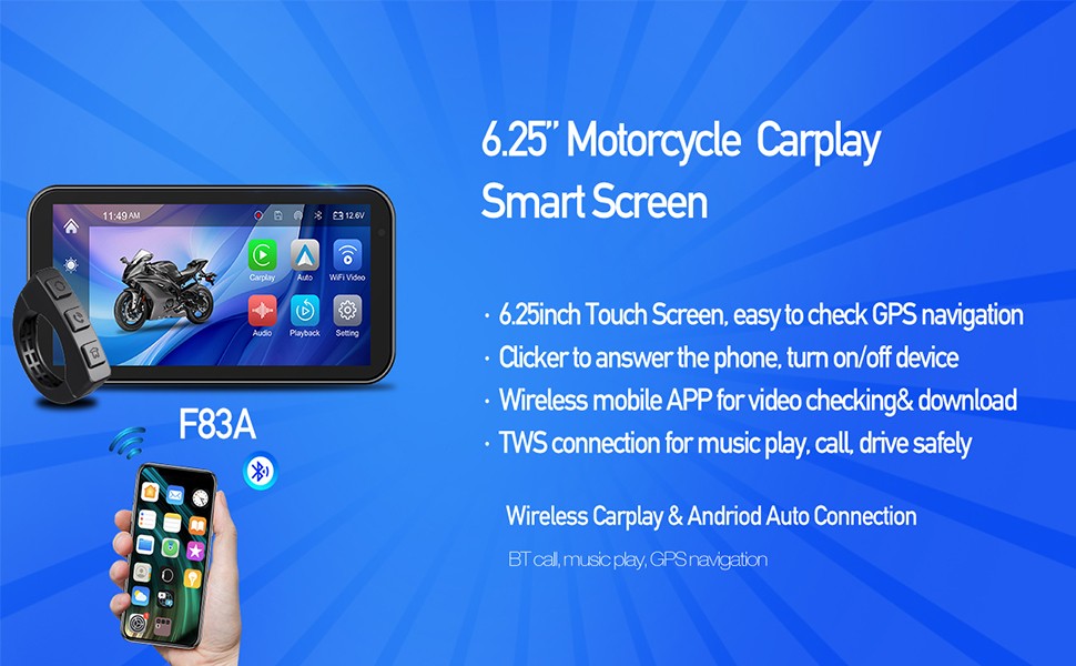 New 6.25" Motorcycle Navigator Wireless CarPlay Android Auto with HD Camera