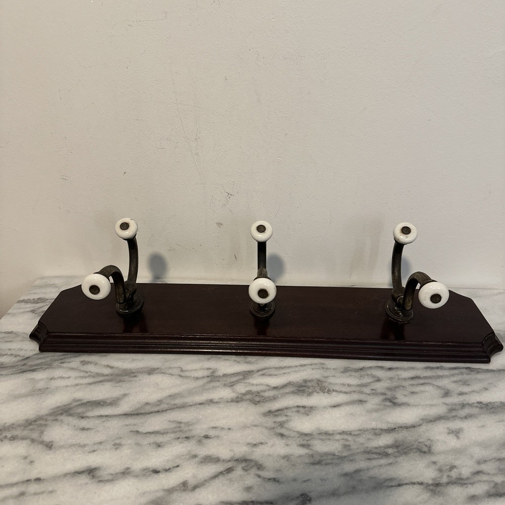 VTG Large Antique Solid Wood Wall Coat Hang Three Brass Hooks Porcelain Knobs